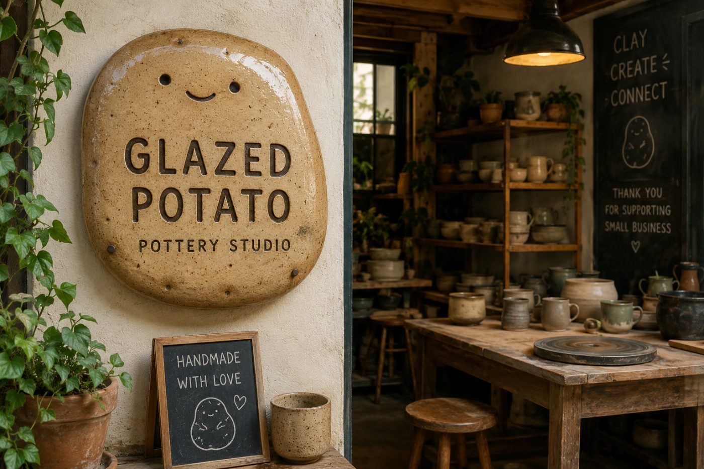 The Glazed Potato studio — handmade ceramics on the shelves beside the studio sign